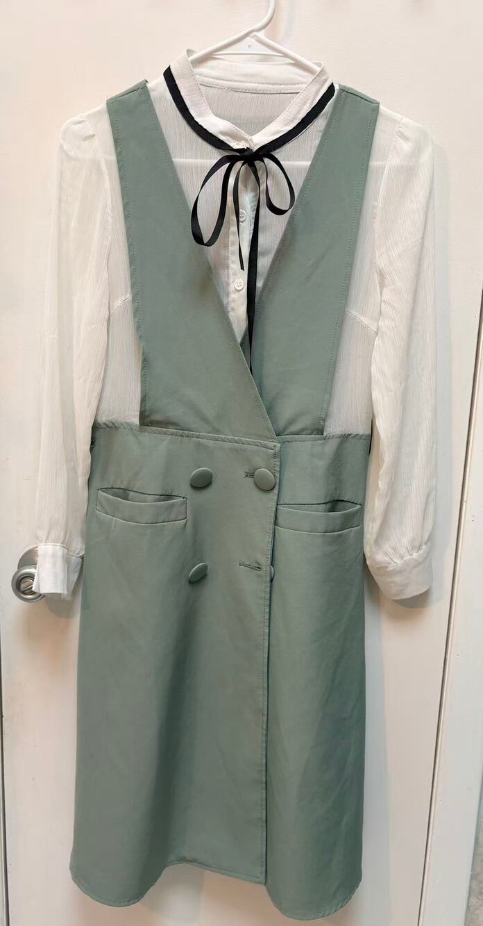 Korean Style 2 Piece Set Sage Green Pinafore Dress White Sheer Blouse Bow XS